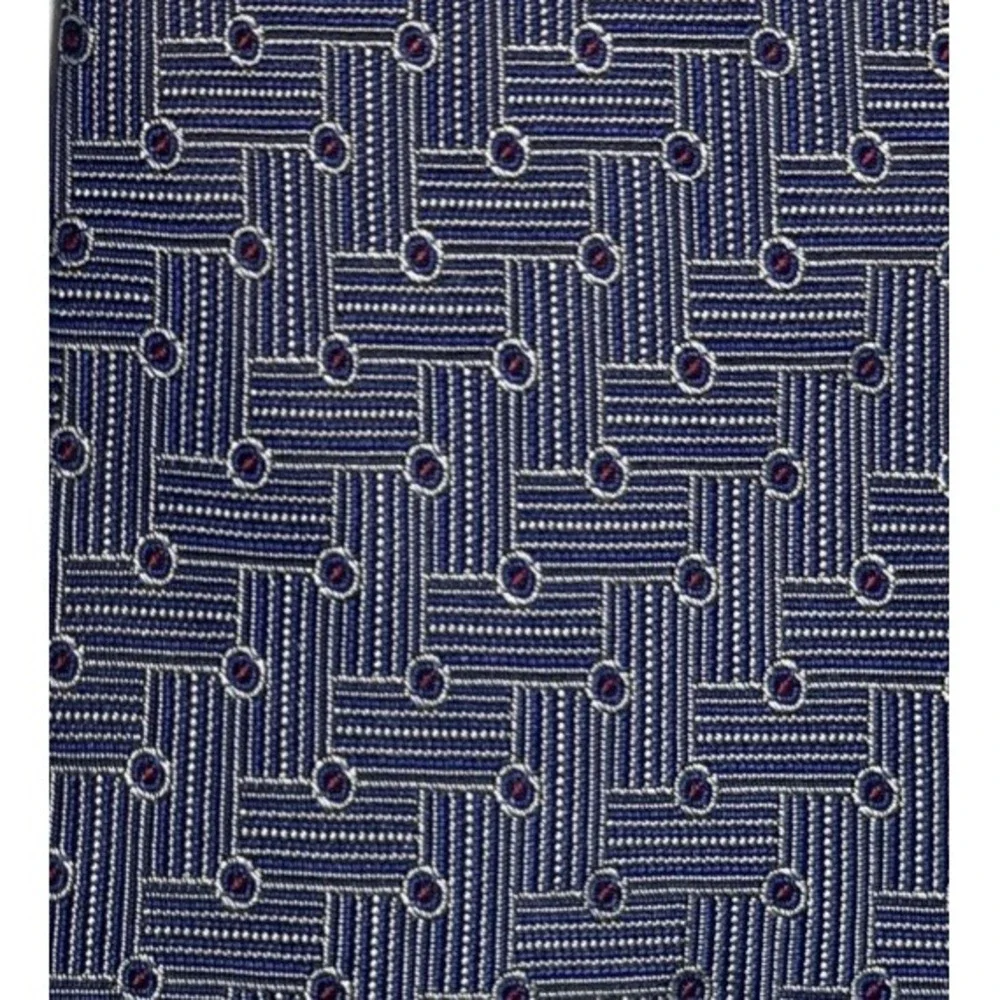 Ralph Lauren Silk Tie Green Label Blue Geometric Print Hand Finished Made in USA